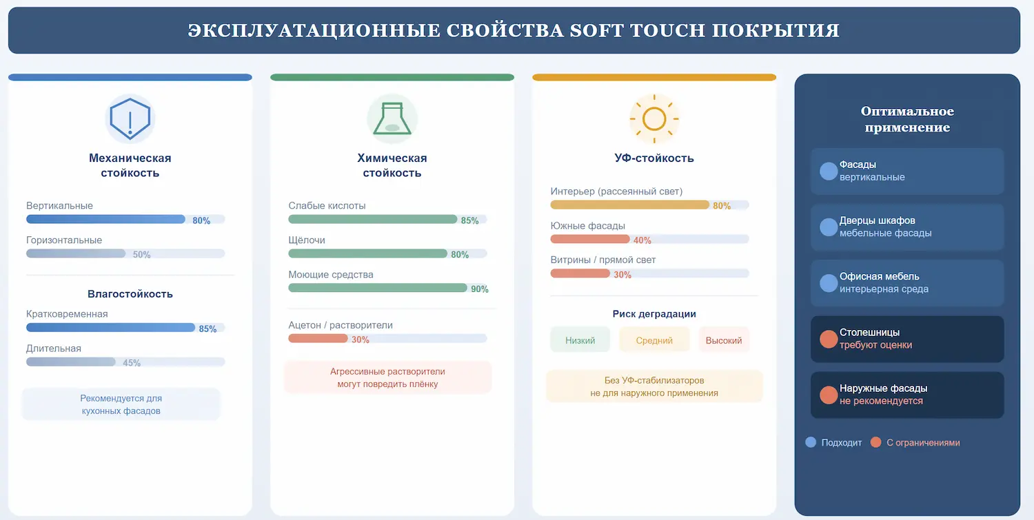 Инфографика свойств Soft Touch покрытия стойкость к механике, химии и УФ, рекомендации по применению.