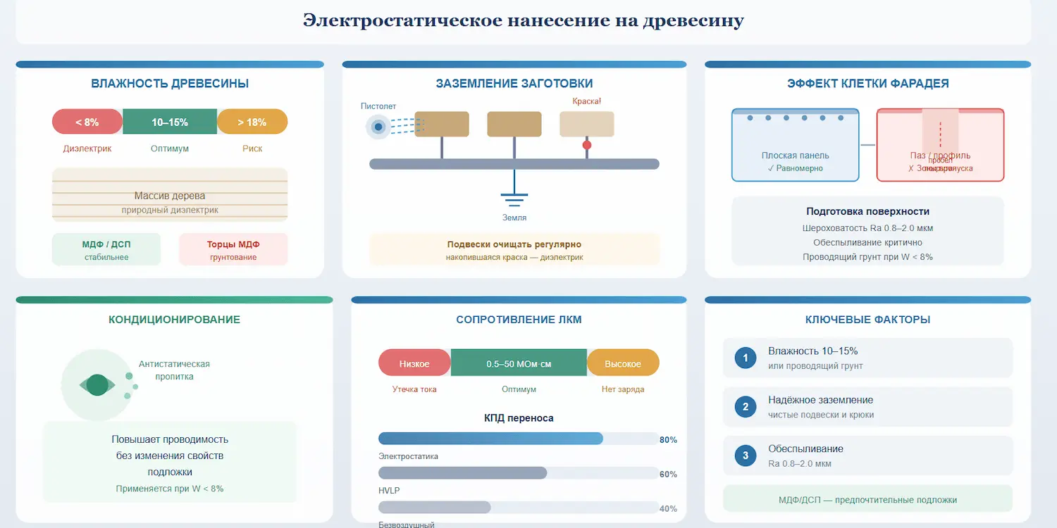 Схема электростатического нанесения ЛКМ на древесину влияние влажности, заземления, эффекта клетки Фарадея, подготовки поверхности и кондиционирования. Ключевые факторы — влажность 10—15%, заземление и обеспыливание.