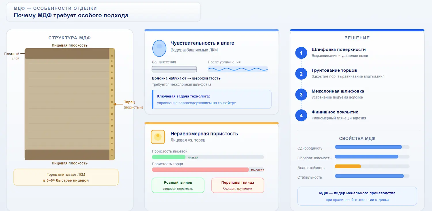 Схема особенностей отделки МДФ плотная лицевая поверхность и пористый торец, чувствительность к влаге и набухание волокон.