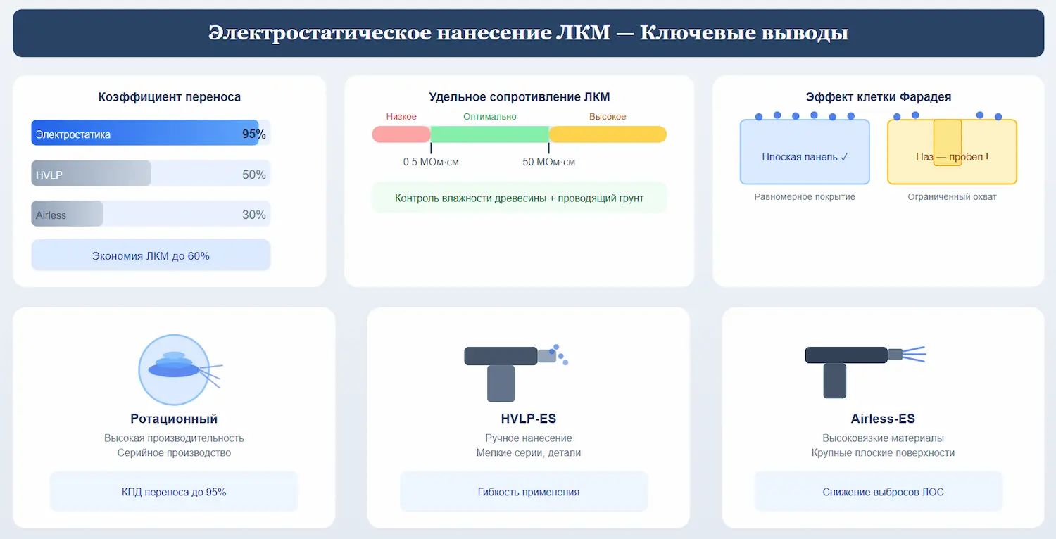 Сравнение коэффициента переноса ЛКМ электростатика — 95%, HVLP — 50%, Airless — 30%.