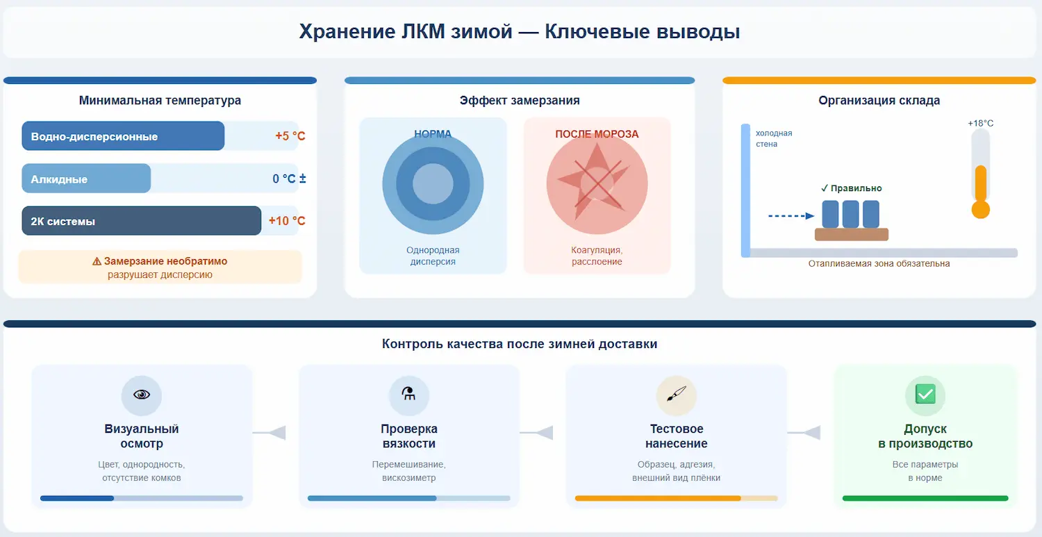 Сводка правил хранения ЛКМ зимой минимальные температуры для трёх типов материалов, визуальный пример коагуляции после мороза (норма vs разрушение), схема организации склада с отапливаемой зоной и пошаговый контроль качества